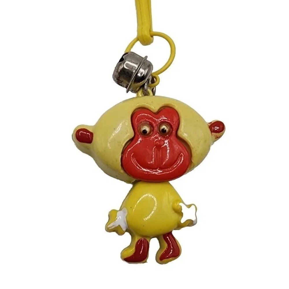 Vintage 1980s Plastic Retro Googly Eyes Bell Charm Clip Yellow Monkey Key Chain